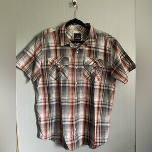 Prana Gray and Orange Plaid Casual Button Down Short Sleeve Shirt Men’s XL
